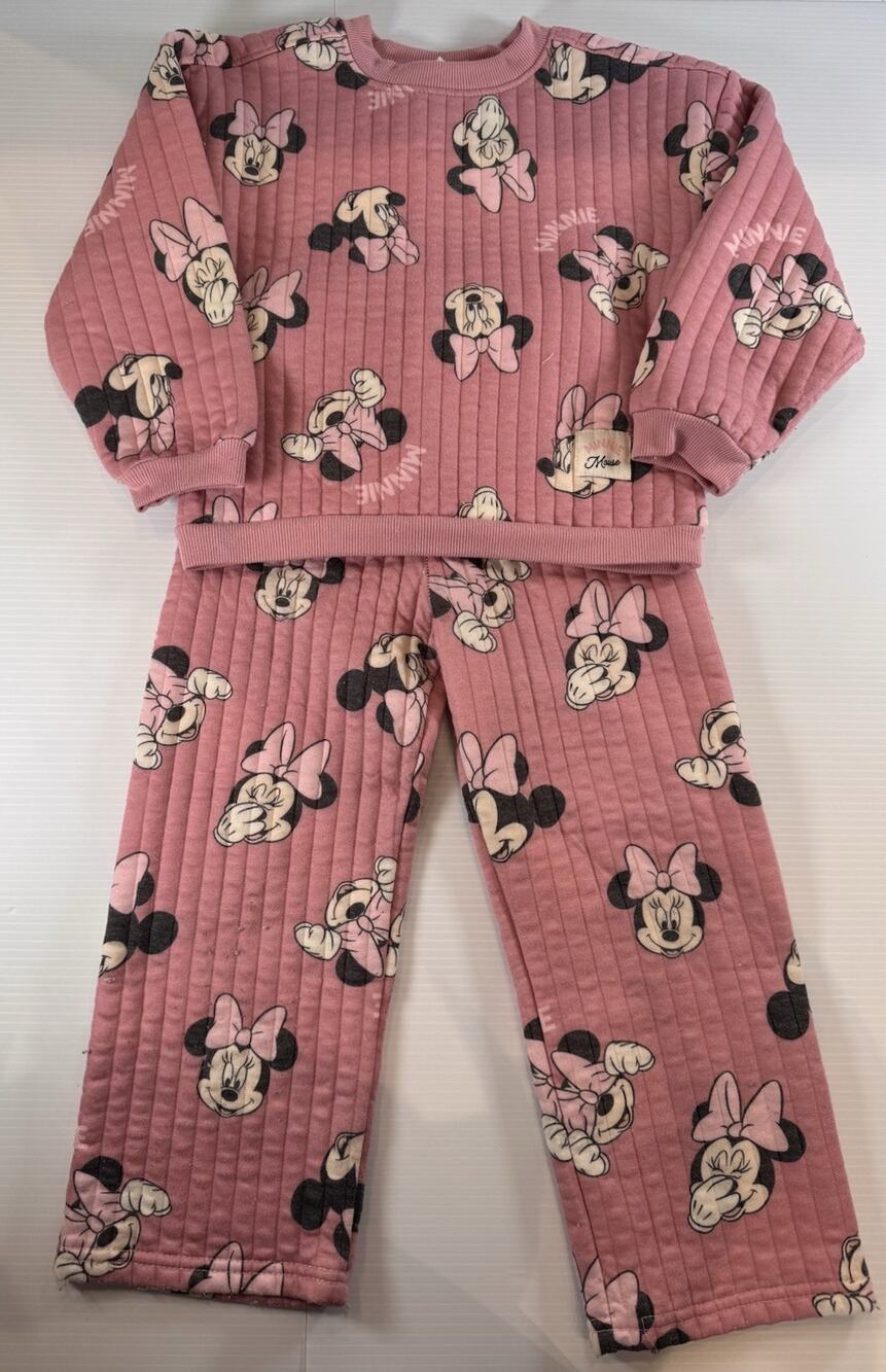 Disney Minnie Mouse Girls Pink Ribbed Long Sleeve Pajamas 2 Pc Lounge Set Size 6